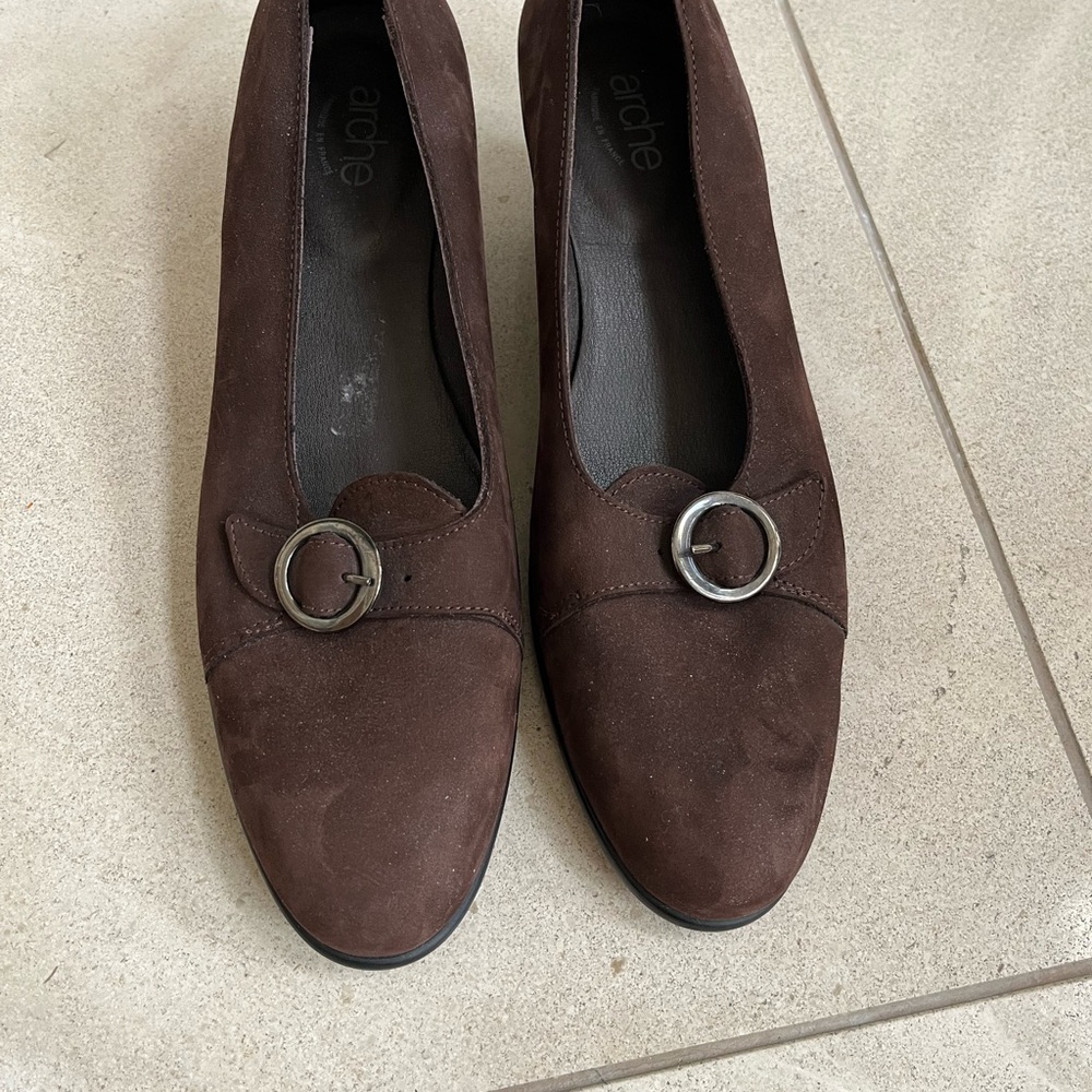 Arche Women's Dark Brown Suede Loafers with Silver Buckle